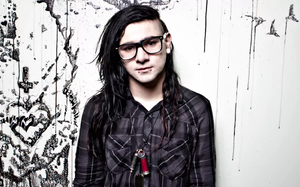 HD desktop wallpaper featuring Skrillex, a musician with long dark hair and glasses, posing against an artistic backdrop of abstract lines and patterns.