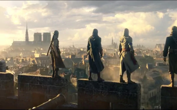 A dramatic HD wallpaper from Assassin's Creed: Unity, featuring three assassins standing atop a city wall, overlooking a sprawling Parisian skyline under a dynamic sky.