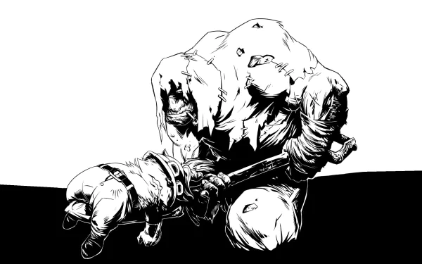 Black and white HD desktop wallpaper featuring Yorick, a character from the video game League of Legends, wielding his signature shovel-like weapon.