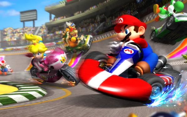 HD PC desktop wallpaper of the video game Super Mario Kart: Mario races on a colorful track with Princess Peach and Bowser in karts, motion blur and sparks conveying high-speed action.