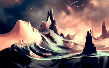 Fantasy woman HD PC desktop wallpaper background: a surreal reclining woman's face forms a shoreline, her hair becomes waves carrying paper boats amid jagged rock spires and a dramatic, glowing sky.