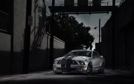 HD desktop wallpaper featuring a sleek Ford Mustang Shelby parked in a dimly lit urban alleyway at night.