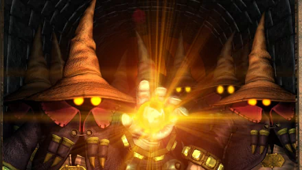 HD PC desktop wallpaper featuring Vivi, the black mage character from the video game Final Fantasy IX, casting a glowing magical spell.