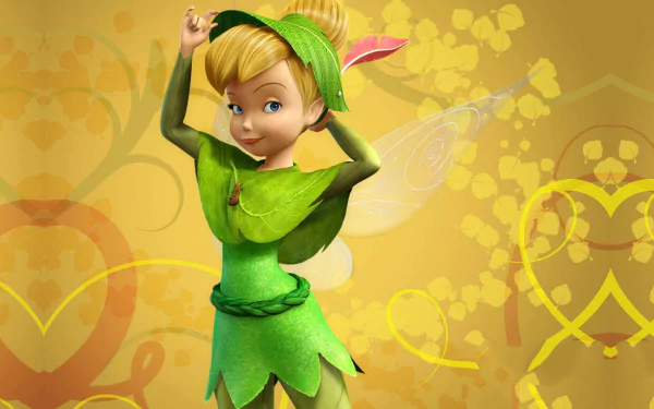 HD desktop wallpaper featuring Tinker Bell from the movie, posing against a golden, heart-themed background.