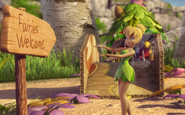 HD desktop wallpaper of Tinker Bell, featuring the character welcoming fairies with a cheerful smile near a rustic sign that reads Fairies Welcome, set in an enchanting, lush environment.