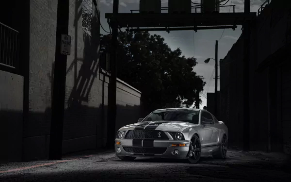 HD desktop wallpaper featuring a sleek Ford Mustang Shelby parked in a dimly lit urban alleyway at night.