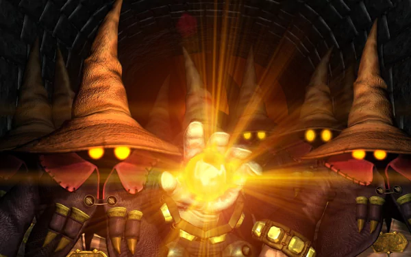HD PC desktop wallpaper featuring Vivi, the black mage character from the video game Final Fantasy IX, casting a glowing magical spell.