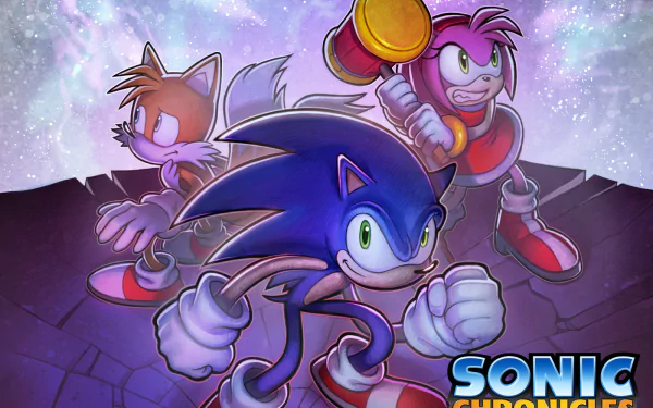HD PC wallpaper featuring Sonic the Hedgehog, Amy Rose, and Miles Tails Prower from Sonic Chronicles: The Dark Brotherhood in a dynamic action pose.