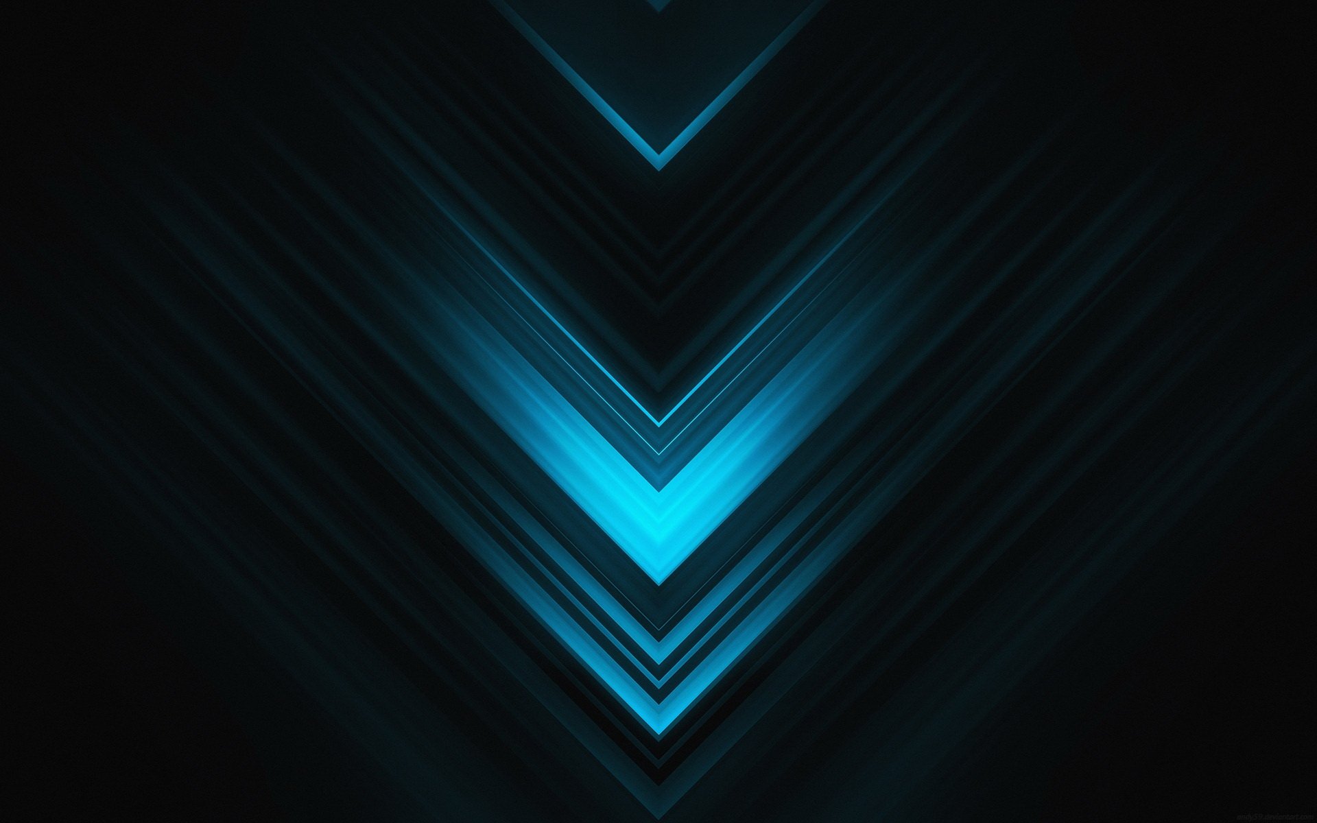 Abstract blue HD PC desktop wallpaper: layered glowing chevron V-shapes converging to a bright cyan center on a dark background.