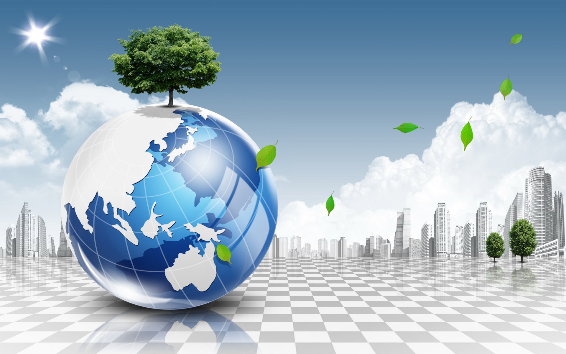 Artistic HD PC desktop wallpaper featuring a reflective globe with a tree on top, floating green leaves, and a futuristic cityscape under a clear sky.