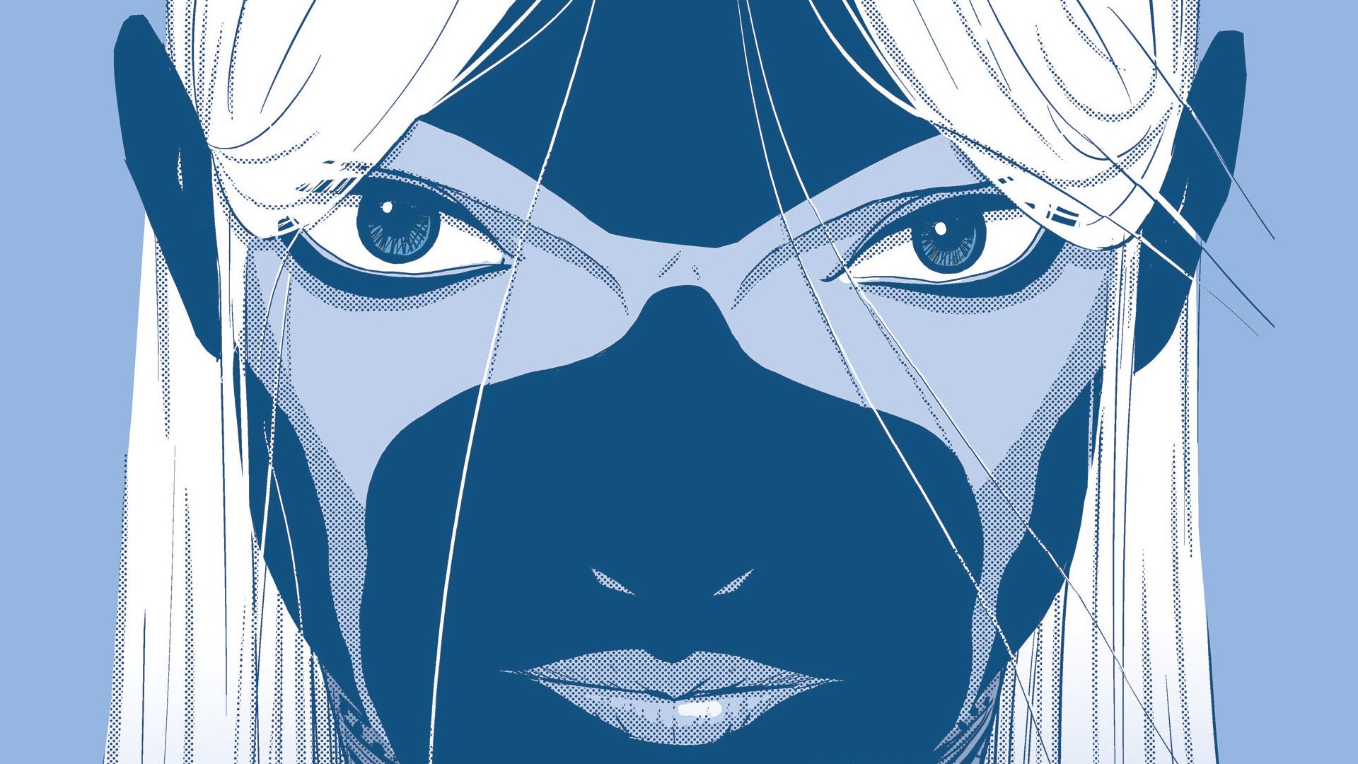 Close-up comic portrait from East Of West: stylized blue-toned face with white hair and dark mask-like markings, intense eyes — HD PC desktop wallpaper background.