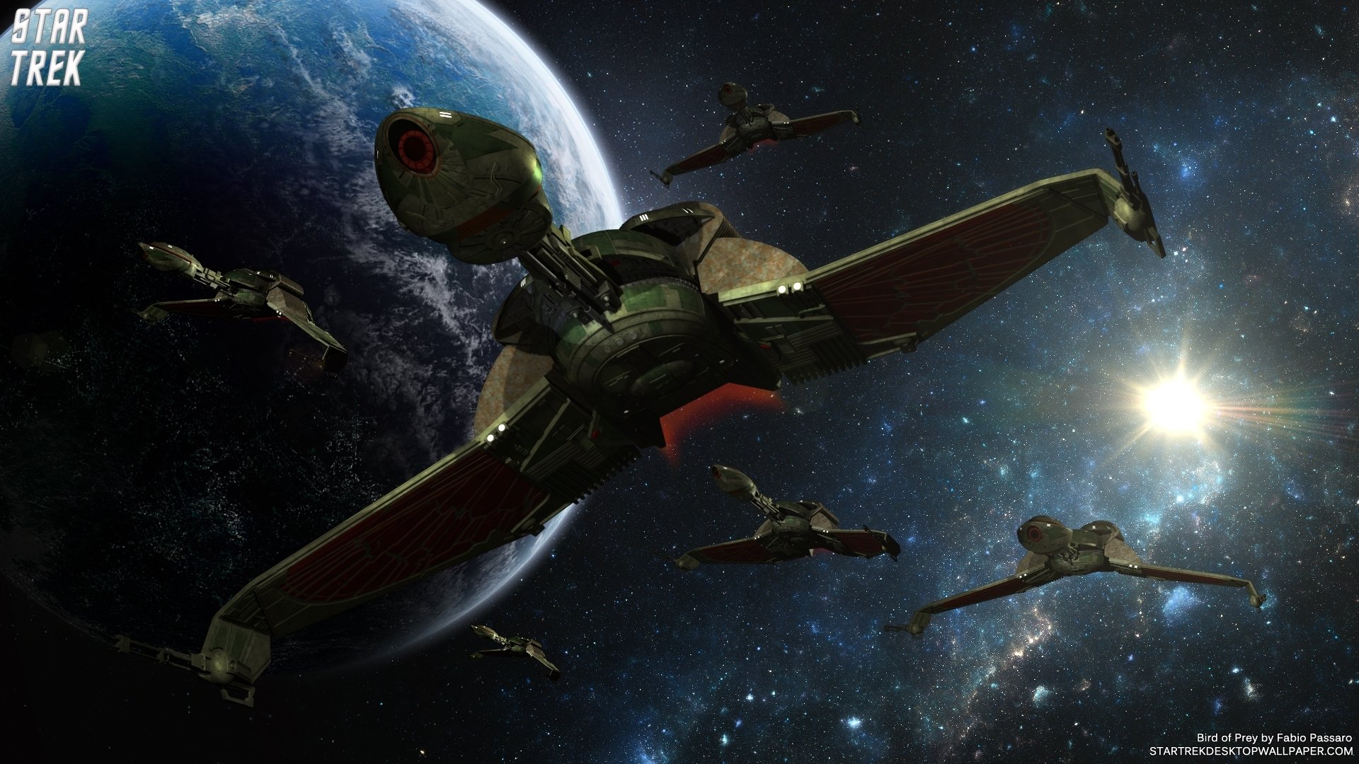 HD PC desktop wallpaper featuring a Star Trek sci-fi scene with Klingon Bird-of-Prey ships flying near a planet in deep space against a starry background.