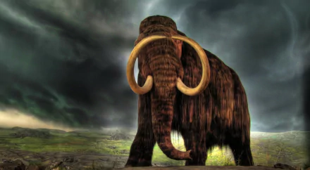 A majestic mammoth stands against a dramatic backdrop, showcasing its giant tusks in a Pliocene landscape. A striking HD desktop wallpaper celebrating this extinct animal.