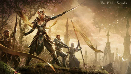 A dramatic scene from The Elder Scrolls Online, featuring a powerful elf warrior and companions, set against an enchanting, mystical background with towering spires.