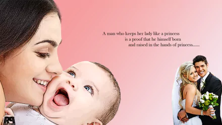 HD artistic desktop wallpaper featuring a mother lovingly holding her baby, a wedding couple, and a heartfelt quote, blending themes of Valentine's Day and Mother's Day.