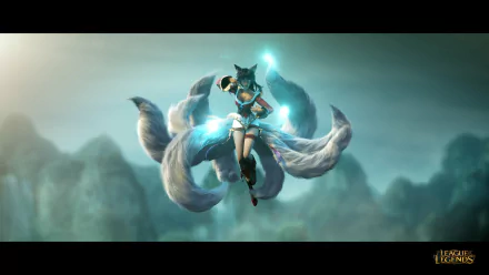 HD desktop wallpaper featuring Ahri from League of Legends, set against a misty, ethereal background with glowing, mystical tails and the League of Legends logo in the corner.