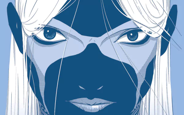 Close-up comic portrait from East Of West: stylized blue-toned face with white hair and dark mask-like markings, intense eyes — HD PC desktop wallpaper background.