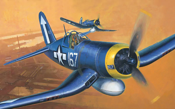 HD desktop wallpaper depicting two military Vought F4U Corsair aircraft flying against an orange sky backdrop.