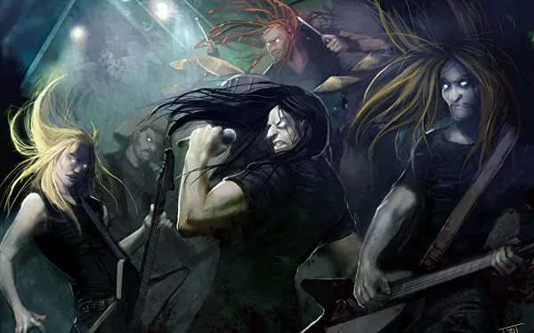 An HD desktop wallpaper featuring Dethklok, showcasing band members in dynamic poses during a performance, embodying the energy and intensity of their music.