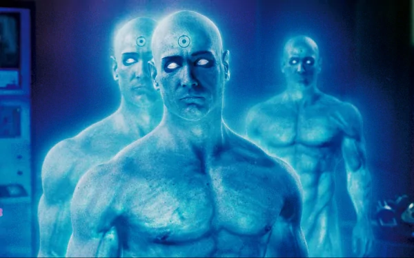 A stunning HD desktop wallpaper featuring Greg Plitt as Doctor Manhattan from the movie Watchmen, showcasing a vibrant blue hue and dramatic visual effects.