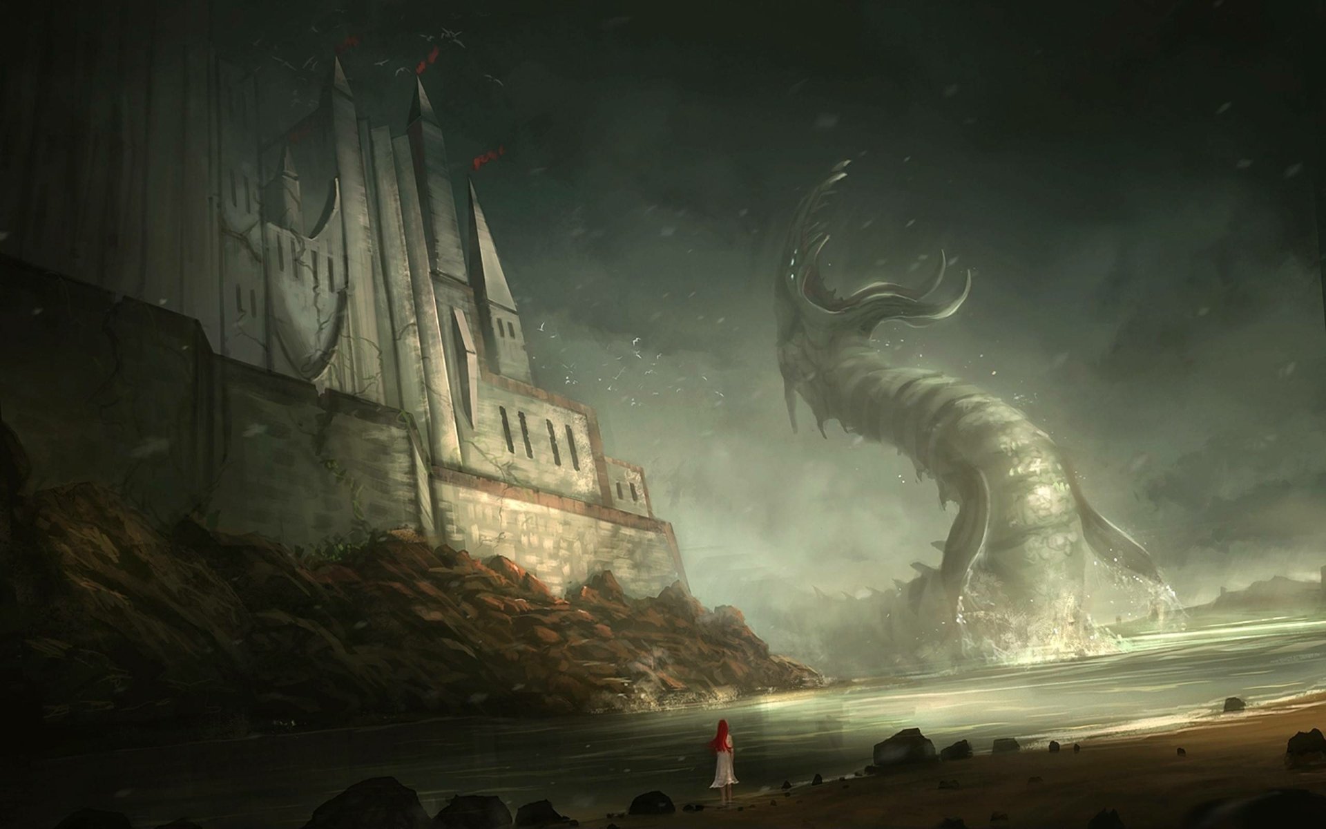 HD fantasy desktop wallpaper depicting a towering castle by the shore with a massive, serpent-like creature emerging from the misty sea.