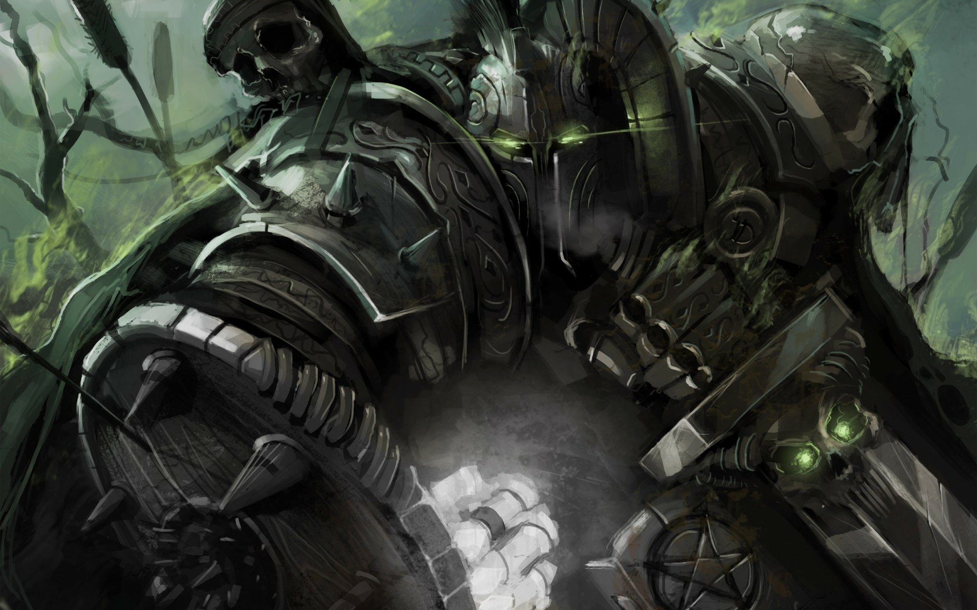 HD fantasy warrior depicted in dark, intricate armor with glowing green eyes, set against a mysterious forest backdrop, designed as a dramatic PC desktop wallpaper.