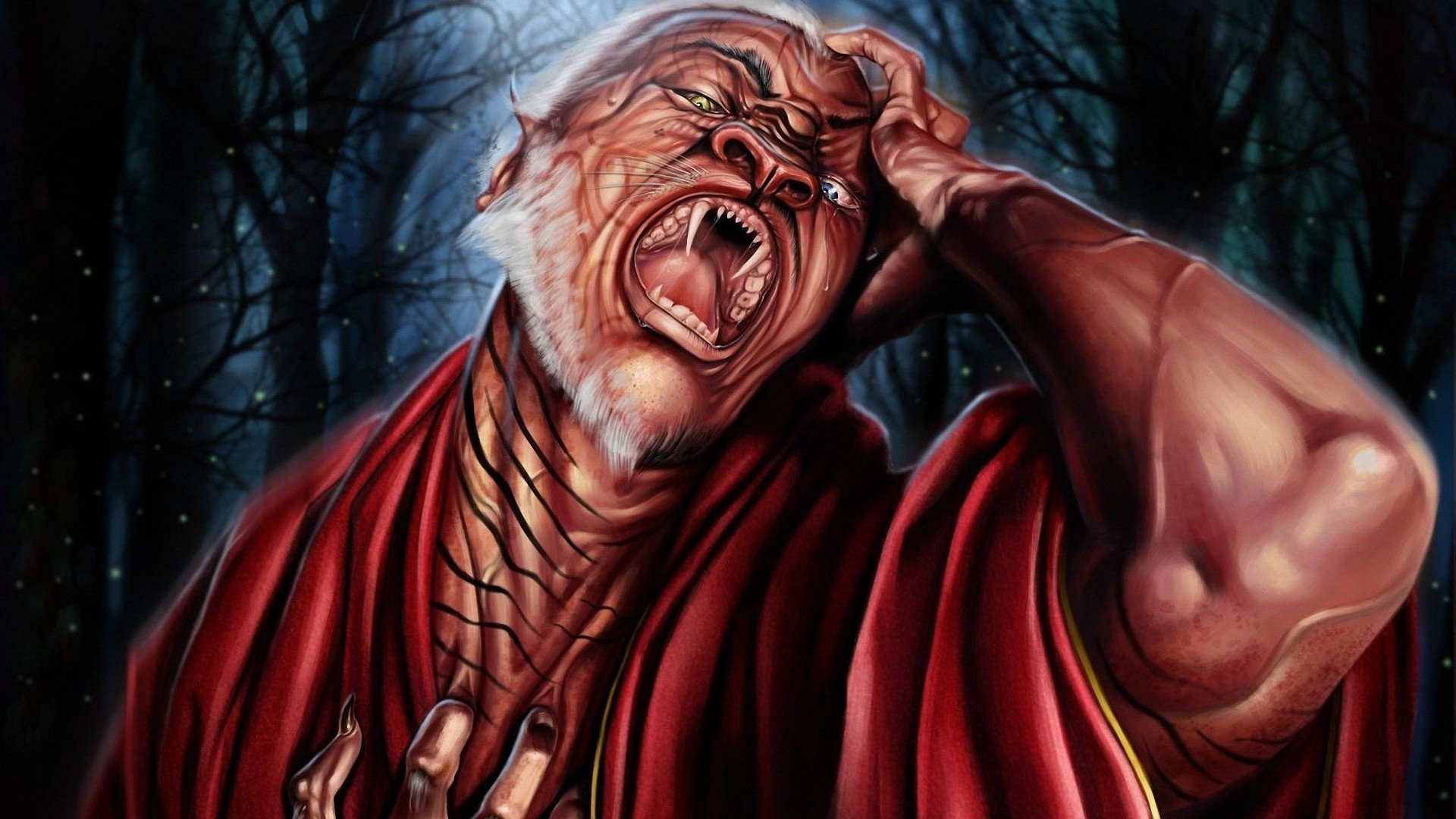 Demon Wars Saga fantasy book cover — HD PC desktop wallpaper of a tormented demonic figure in a red cloak, screaming and clutching its throat against a shadowed forest.