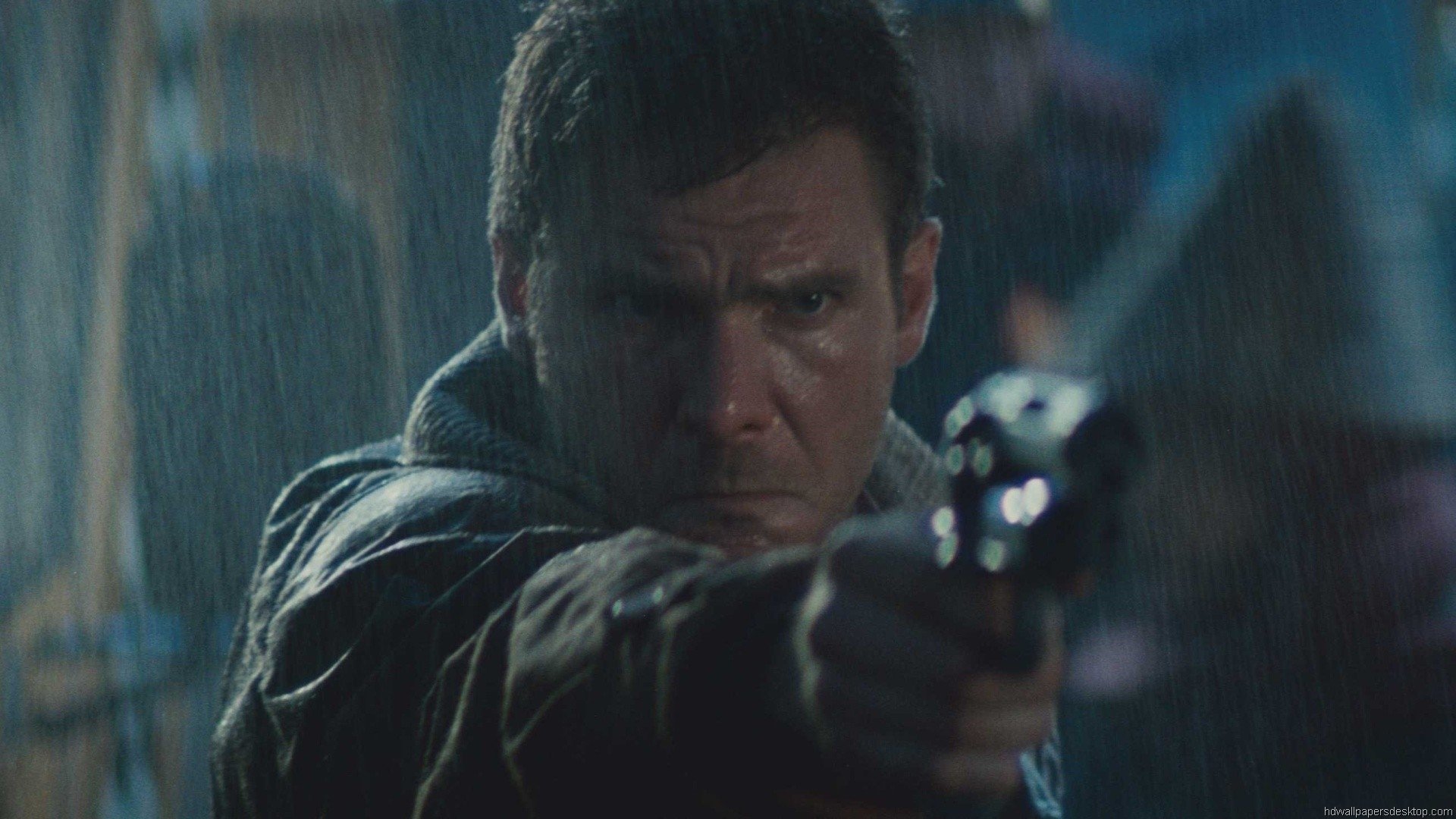 HD PC desktop wallpaper featuring a tense scene from the movie Blade Runner, with a character aiming a gun in the rain.