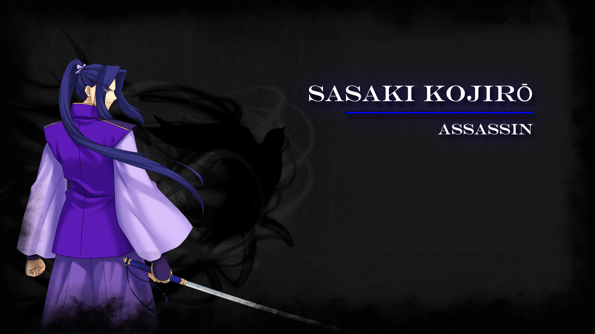 Anime HD PC wallpaper featuring Sasaki Kojiro, the Assassin from Fate/stay night, standing with a sword against a dark background with his name and title displayed.