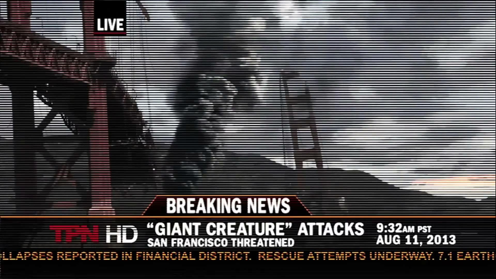 HD PC desktop wallpaper featuring a dramatic scene from the 2014 Godzilla movie with smoke and city destruction under breaking news coverage.