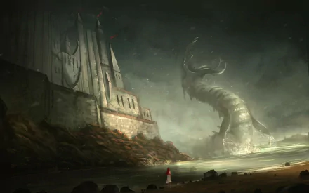 HD fantasy desktop wallpaper depicting a towering castle by the shore with a massive, serpent-like creature emerging from the misty sea.