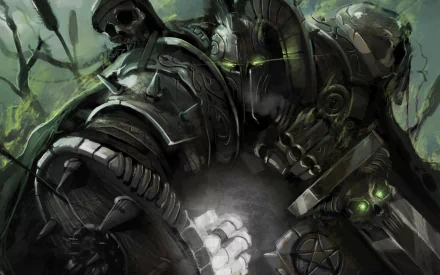 HD fantasy warrior depicted in dark, intricate armor with glowing green eyes, set against a mysterious forest backdrop, designed as a dramatic PC desktop wallpaper.