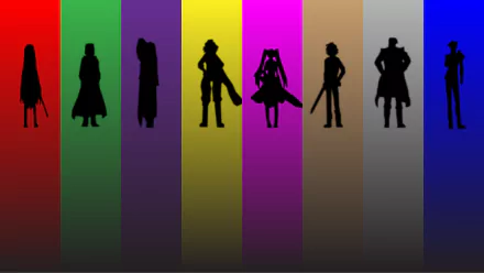 Silhouettes of Tatsumi and other characters from Akame ga Kill! set against vibrant multicolored vertical stripes, presented as a 4K Ultra HD anime desktop wallpaper.