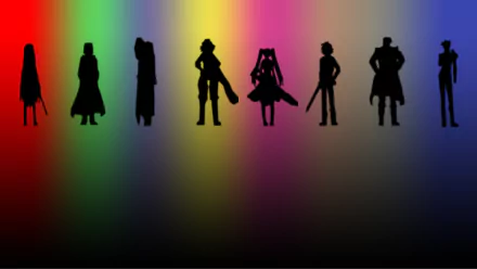 Silhouettes of Akame ga Kill! characters against a vibrant rainbow gradient background in a 4K Ultra HD anime PC desktop wallpaper.