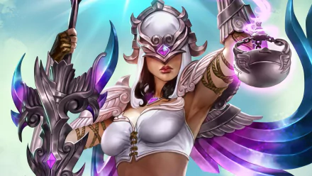 Nemesis from the video game Smite appears in this HD desktop wallpaper, showcasing her striking armor and confident pose amid a dynamic background.