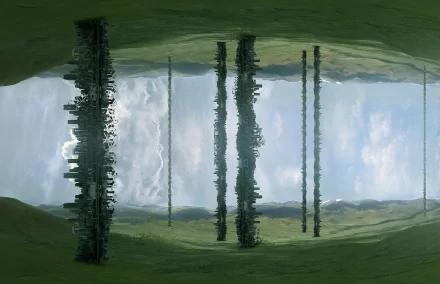 A stunning sci-fi cityscape reflected in still water, featuring tall structures and a dramatic sky, designed as a captivating HD desktop wallpaper and background.