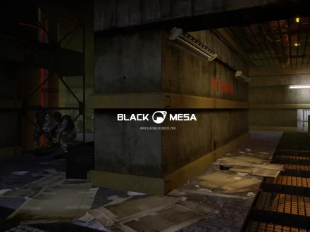 HD PC desktop wallpaper featuring a dark, industrial environment from the video game Half-Life, showcasing the Black Mesa facility interior.