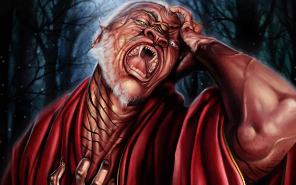 Demon Wars Saga fantasy book cover — HD PC desktop wallpaper of a tormented demonic figure in a red cloak, screaming and clutching its throat against a shadowed forest.