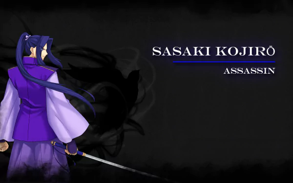 Anime HD PC wallpaper featuring Sasaki Kojiro, the Assassin from Fate/stay night, standing with a sword against a dark background with his name and title displayed.