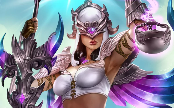 Nemesis from the video game Smite appears in this HD desktop wallpaper, showcasing her striking armor and confident pose amid a dynamic background.