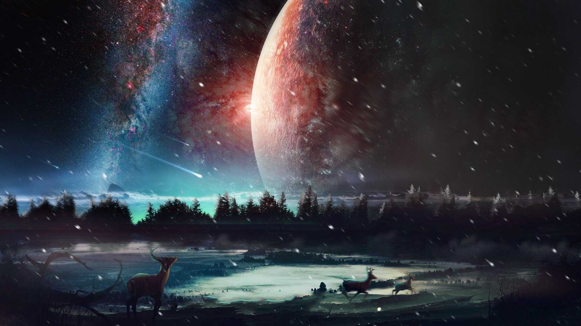 HD sci-fi desktop wallpaper showcasing an alien landscape with a large glowing planet, starry sky, and two deer by a reflective water body at night.