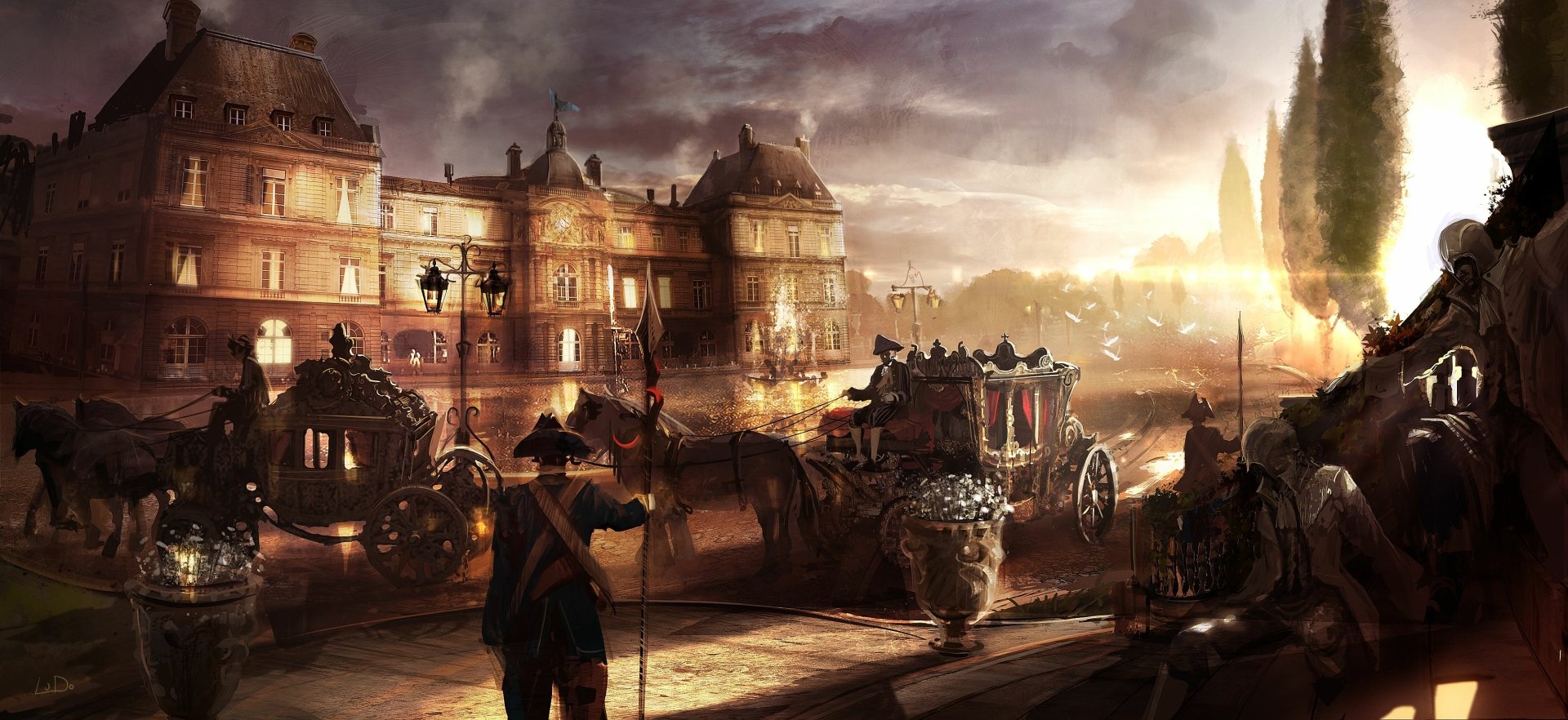 A stunning HD wallpaper from Assassin's Creed: Unity, depicting a historical Paris scene with elegant carriages and atmospheric lighting, showcasing the game's artistic style.