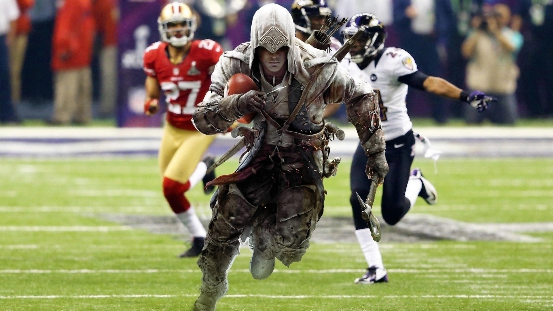 A dynamic HD wallpaper featuring a character from Assassin's Creed IV: Black Flag, sprinting on a football field while players chase in the background, capturing an intense gaming aesthetic.