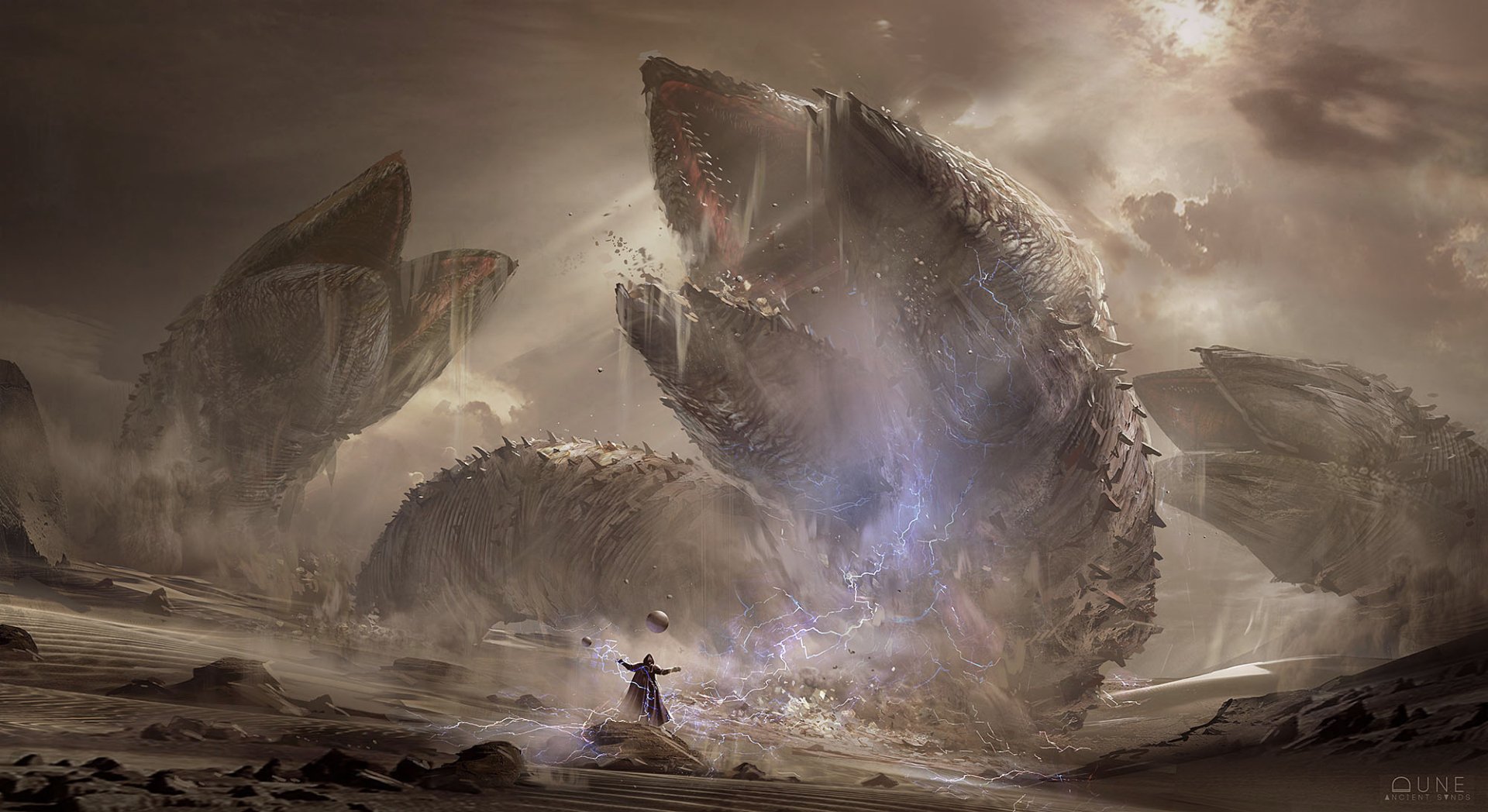 A dramatic sci-fi scene inspired by Dune, featuring colossal sandworms emerging from a desert landscape, creating an awe-inspiring backdrop for a desktop wallpaper.