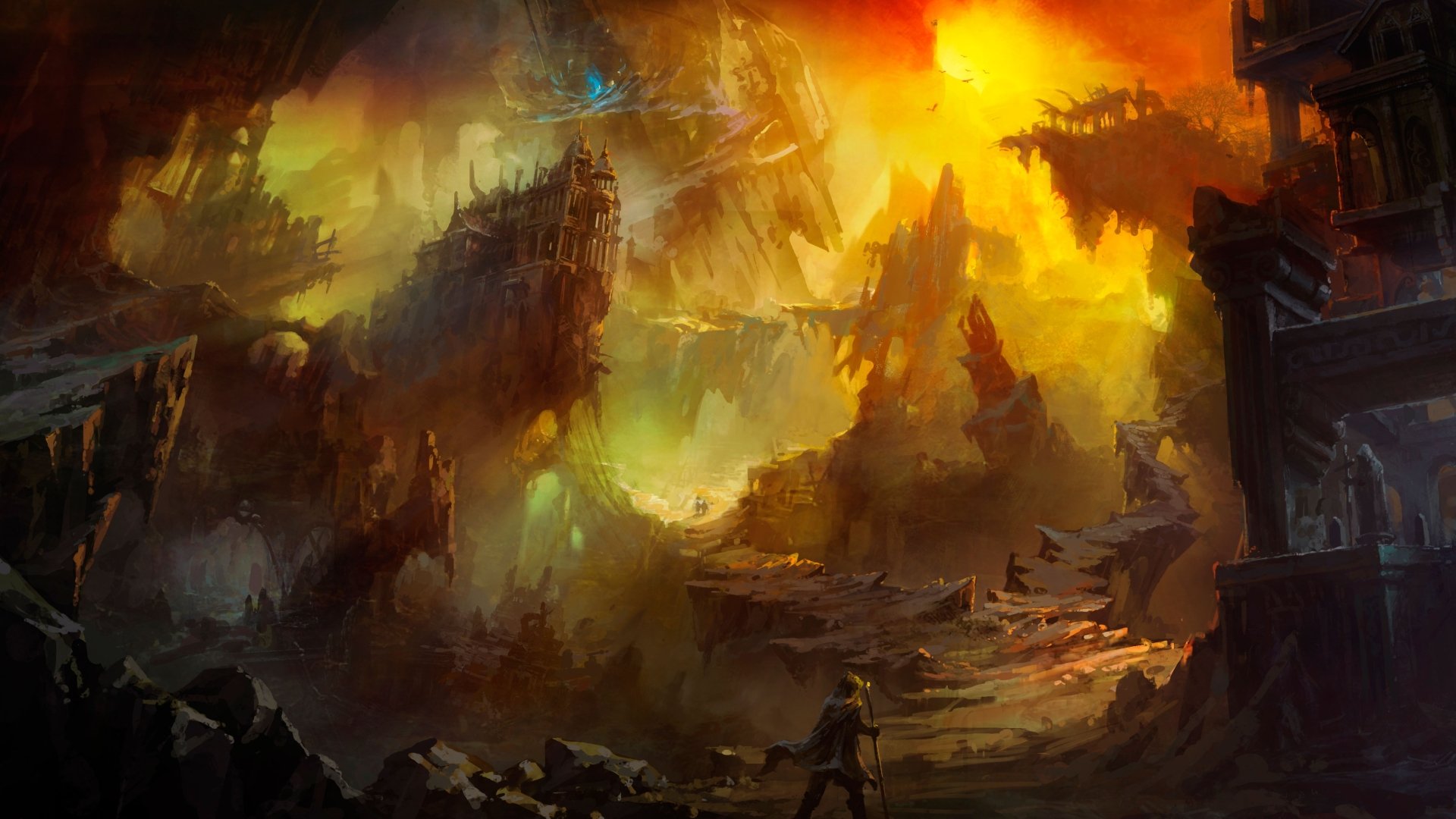 A dramatic fantasy landscape with towering jagged cliffs and glowing orange skies, rendered in 4K Ultra HD as a vivid PC desktop wallpaper background.