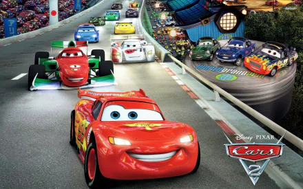 HD wallpaper featuring characters from the movie Cars 2, showcasing a thrilling race scene with animated cars on a track.