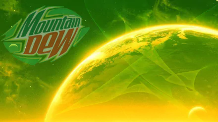 HD desktop wallpaper featuring a vibrant, man-made design of a glowing yellow-green planet with the Mountain Dew logo against a green cosmic background.