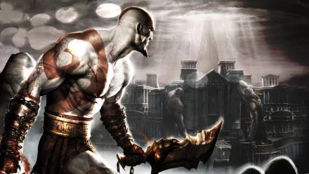 HD wallpaper and background featuring a scene from the video game God of War II, depicting a muscular warrior with a weapon, standing before an ancient, mystical temple bathed in dramatic lighting.
