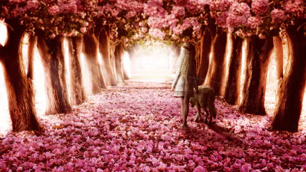 A woman stands with a wolf in a vibrant blossom alley, surrounded by pink flowers under tree canopies in a serene spring fantasy scene, rendered as an HD desktop wallpaper.