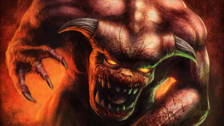 Close-up of a snarling Doom demon with glowing eyes and razor teeth amid fiery orange and green lighting — 4K Ultra HD PC desktop wallpaper from the video game Doom.